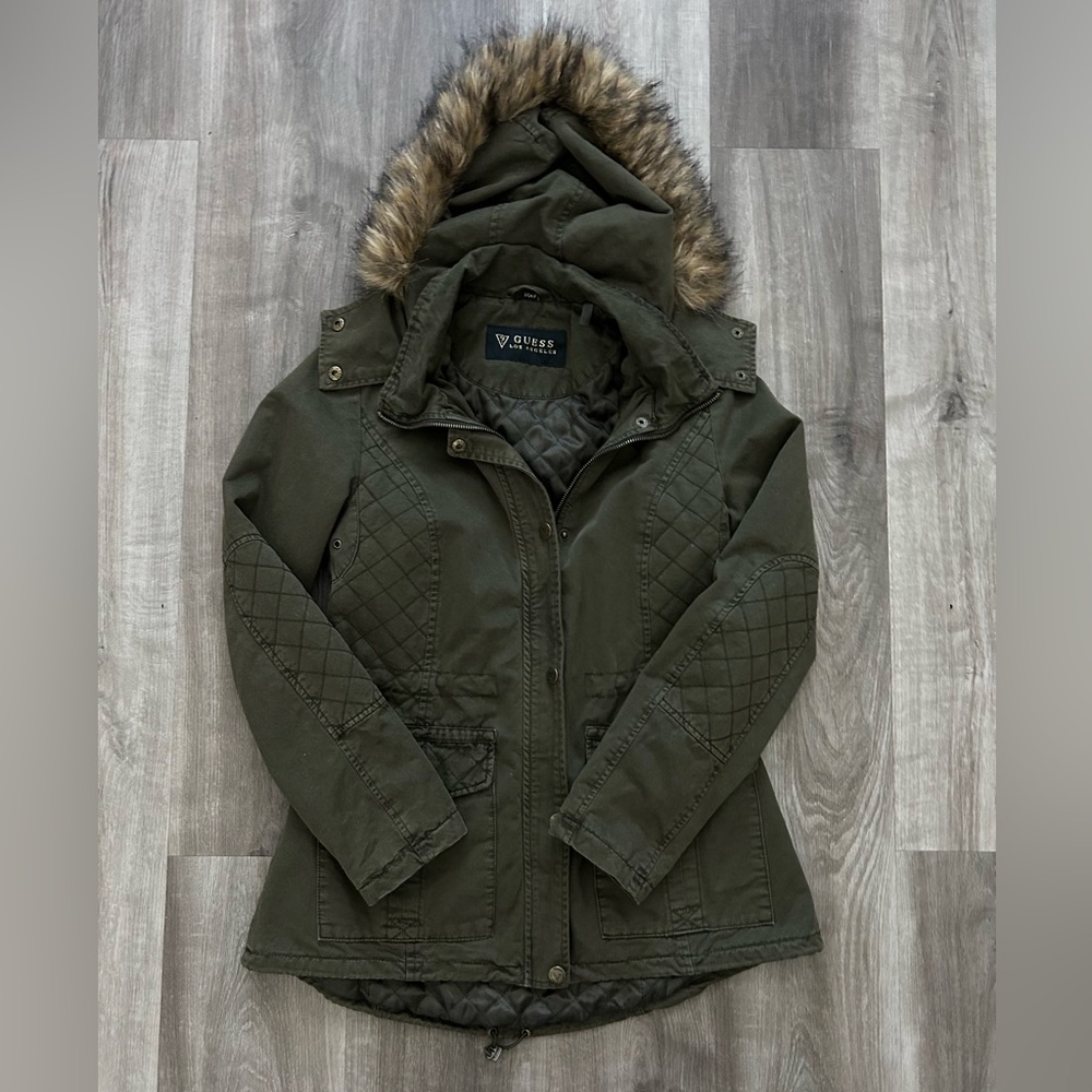 Guess Olive Green Quilted Hooded Jacket